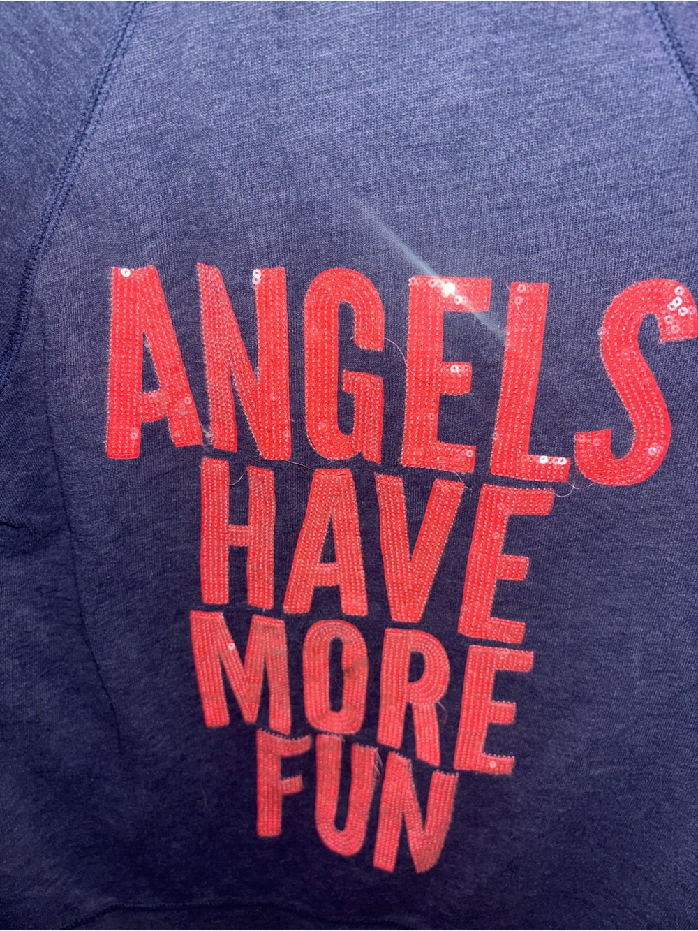 Vintage VS Navy Hoodie with Coral Sequin "Angels Have More Fun" Graphic - Picture 4 of 5
